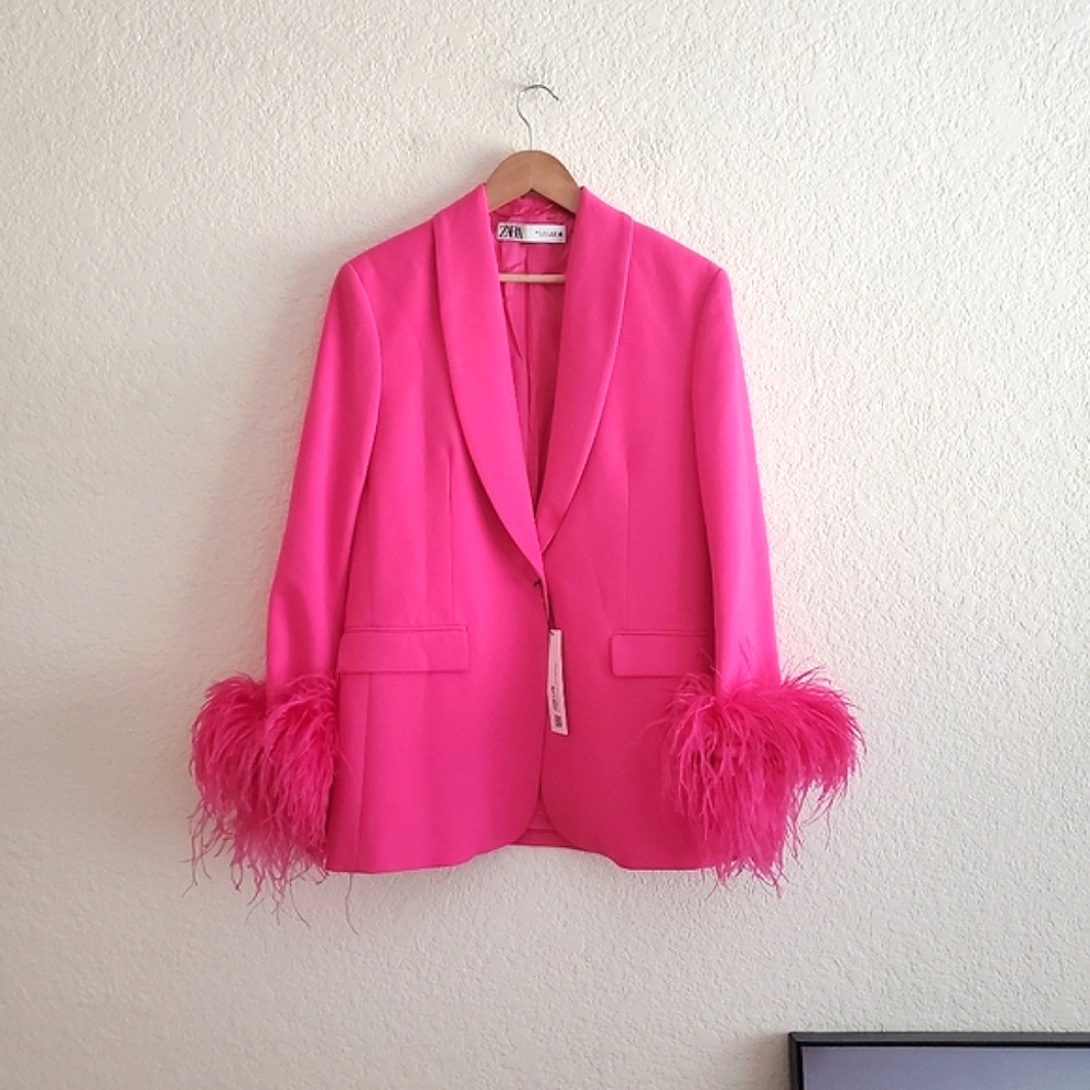 Zara Straight Cut  Pink Feather Blazer NWT Size L - Picture 14 of 14